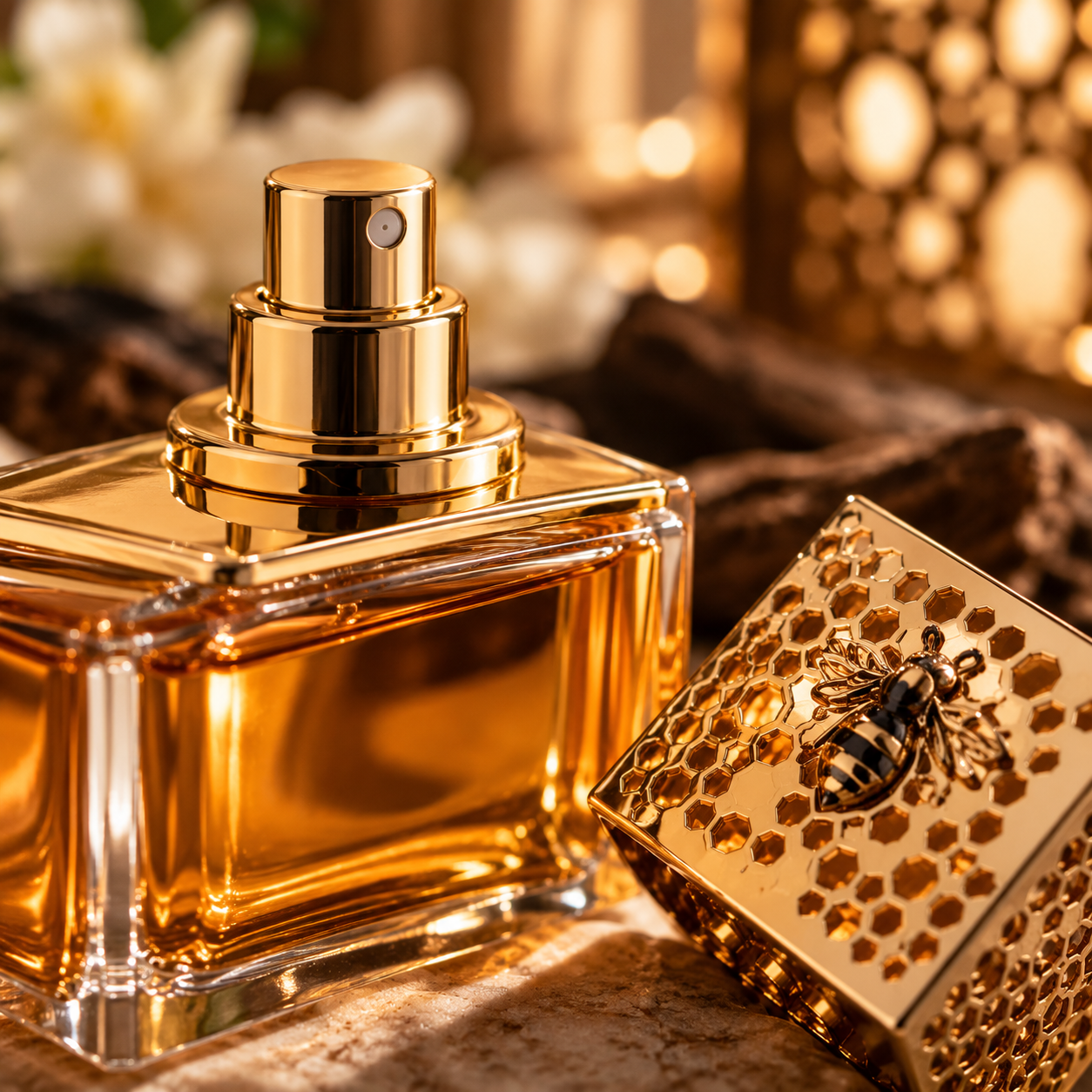 Frasco de perfume com tampa dourada em favo de mel, sobre pedra com luz quente